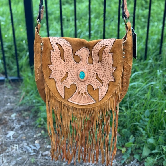 American Darling Handbags - American Darling Eagle Turquoise Stone Fringe Crossbody Bag